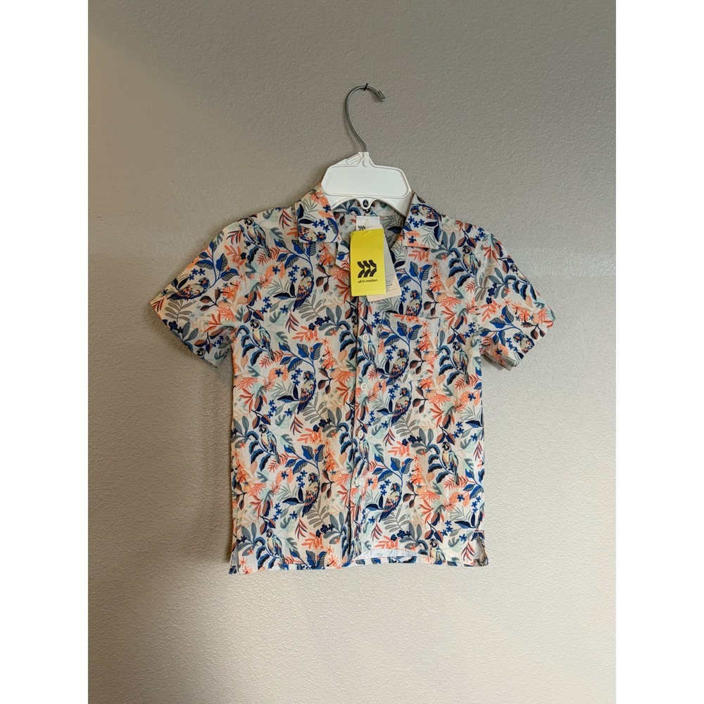 All In Motion Boys Resort Shirt XS 4/5 Tropical Parrot Print Quick Dry Orange